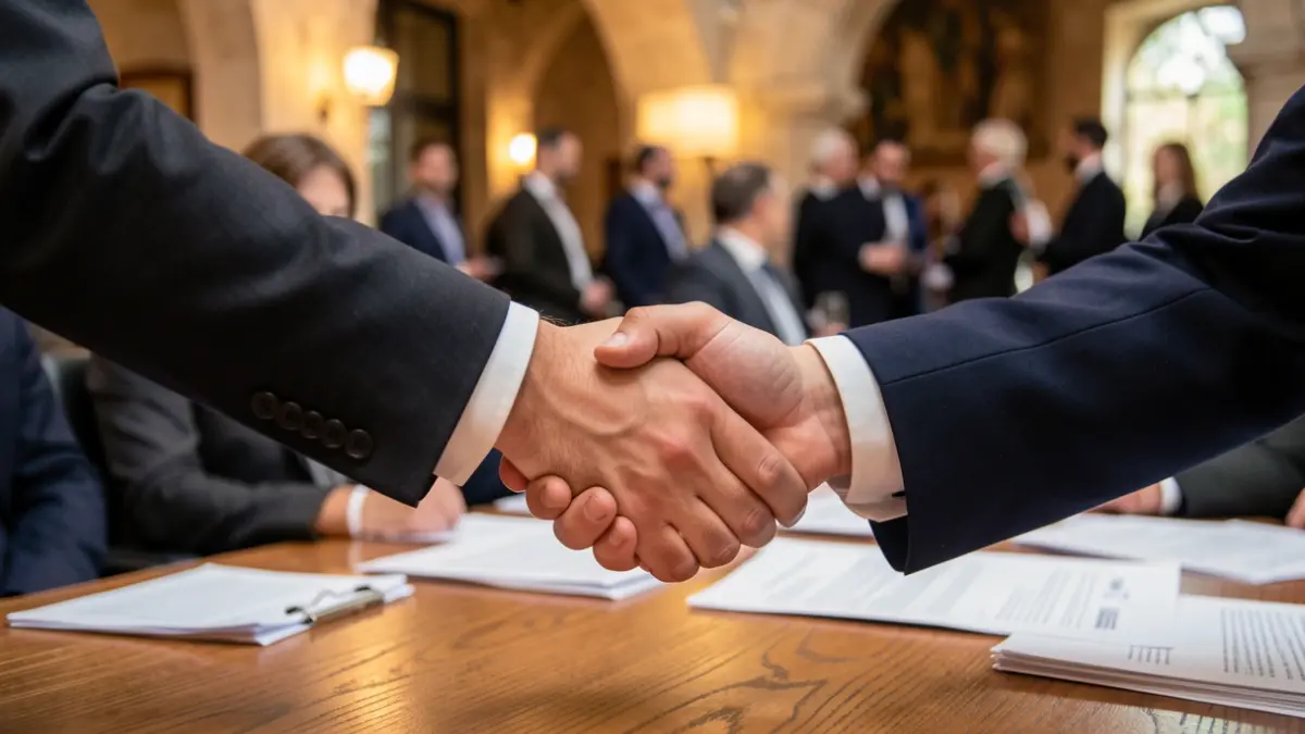 Generic image of two hands shaking over a desk with blurred paperwork.