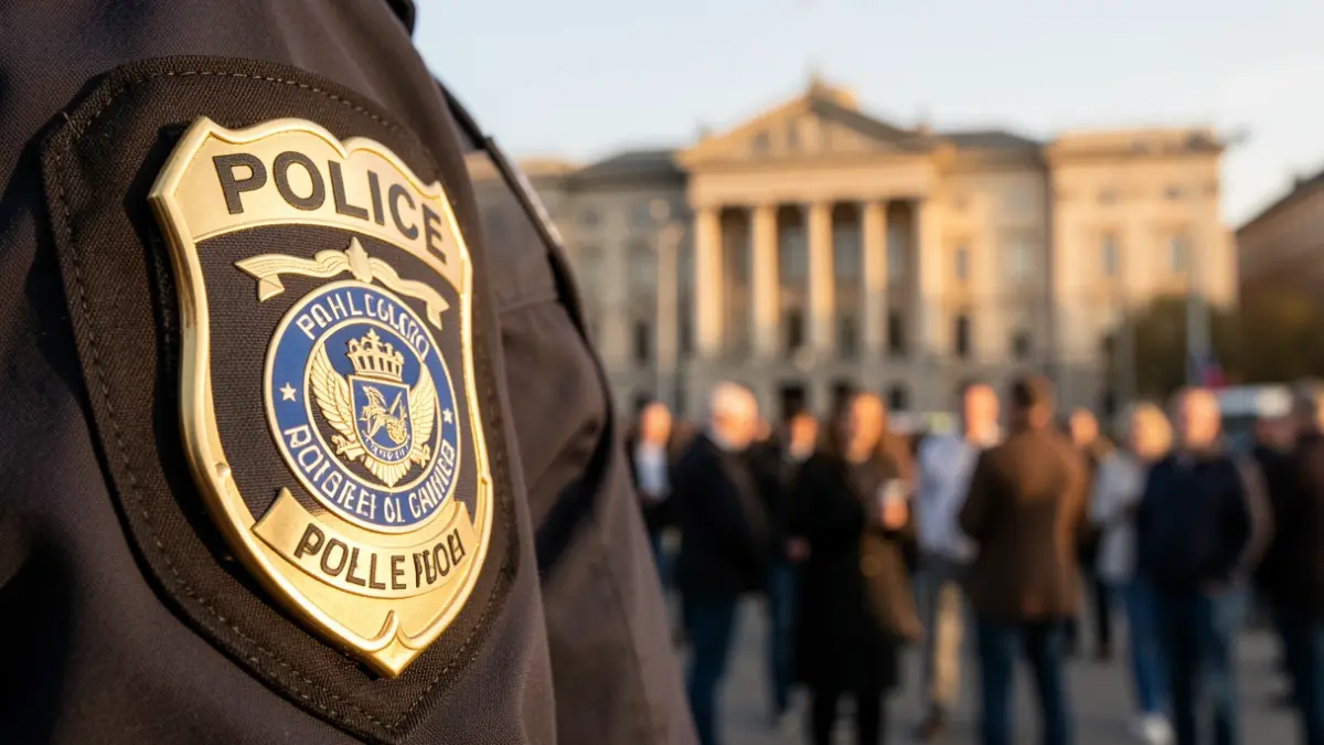 Generic image of a police badge in front of an official building.