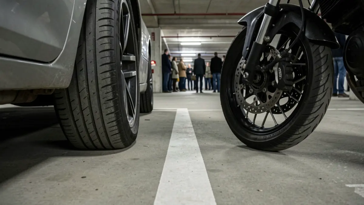 Generic image of a car and a motorcycle parked in the same parking space.
