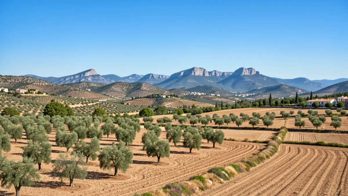 Imagen genérica del paisaje de Sierra Escalona, con campos de almendros y zonas naturales protegidas.