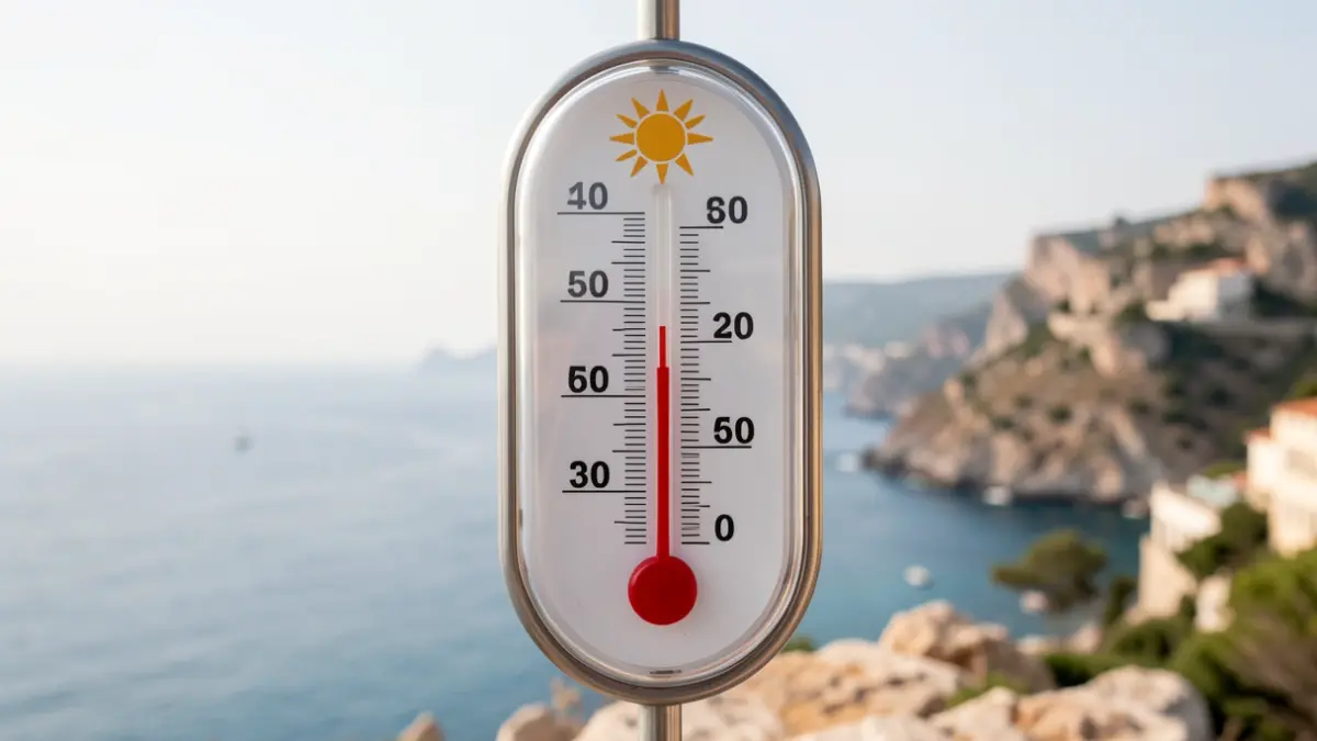 Generic image of a thermometer showing high temperature with a sun icon, against a Mediterranean coastline.