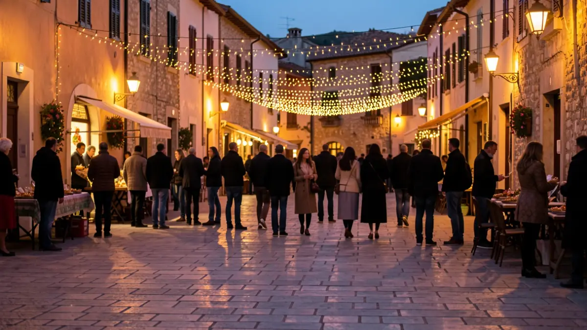 Imagen genérica de una plaza de pueblo mediterráneo iluminada para una fiesta.