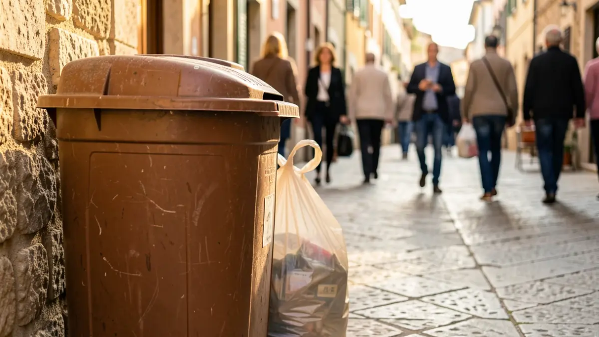 Generic image of a brown organic waste bin with a biodegradable bag next to it.