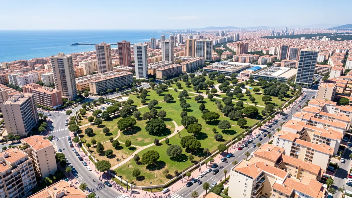 Vista aèria d'un nou sector d'urbanització a Benidorm amb zones verdes i edificis d'altura.