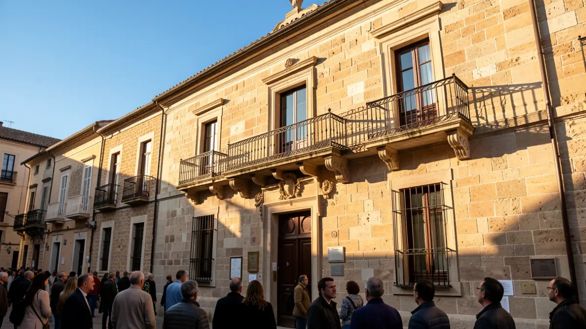 Imatge genèrica de la façana d'un ajuntament mediterrani amb balcó i baranes de ferro, il·luminat per la llum càlida de la vesprada.
