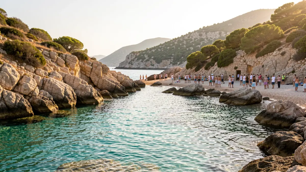 Generic image of a Mediterranean cove with turquoise water and rocks, bathed in warm afternoon light.
