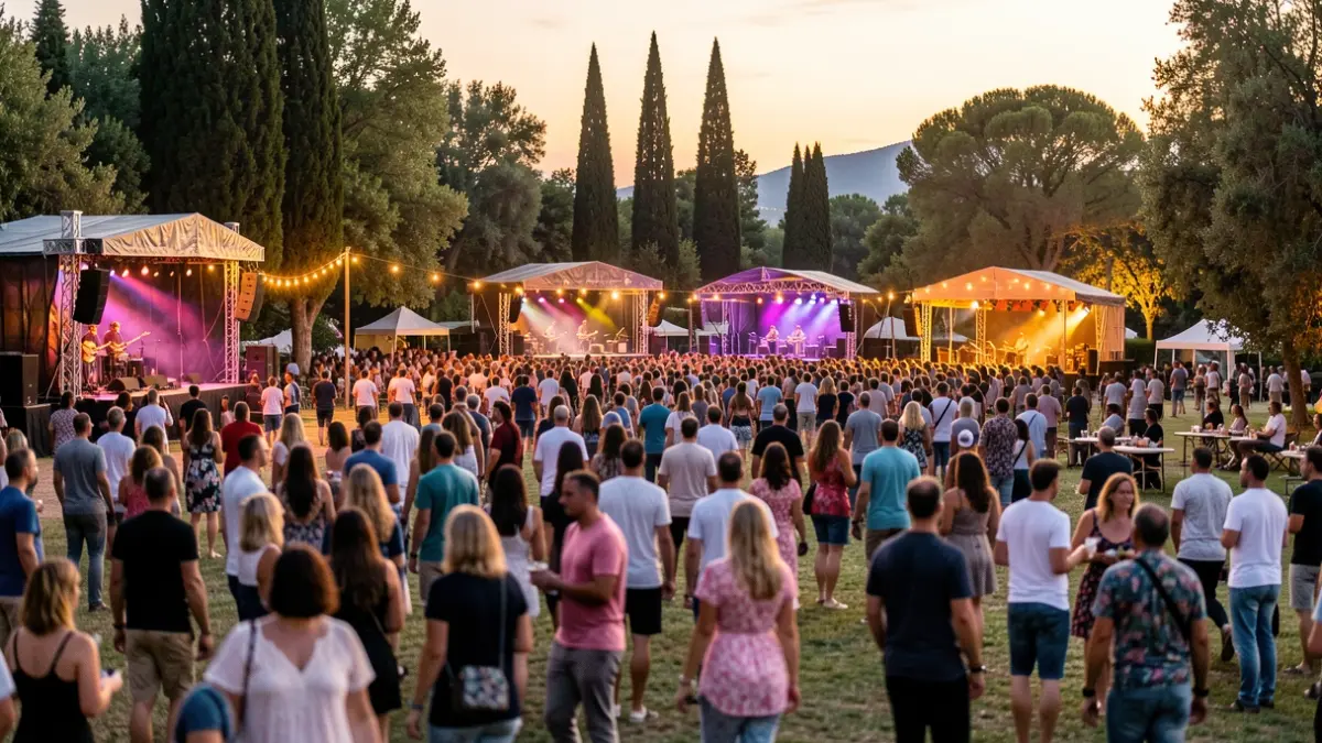 Generic image of an outdoor music festival at dusk.