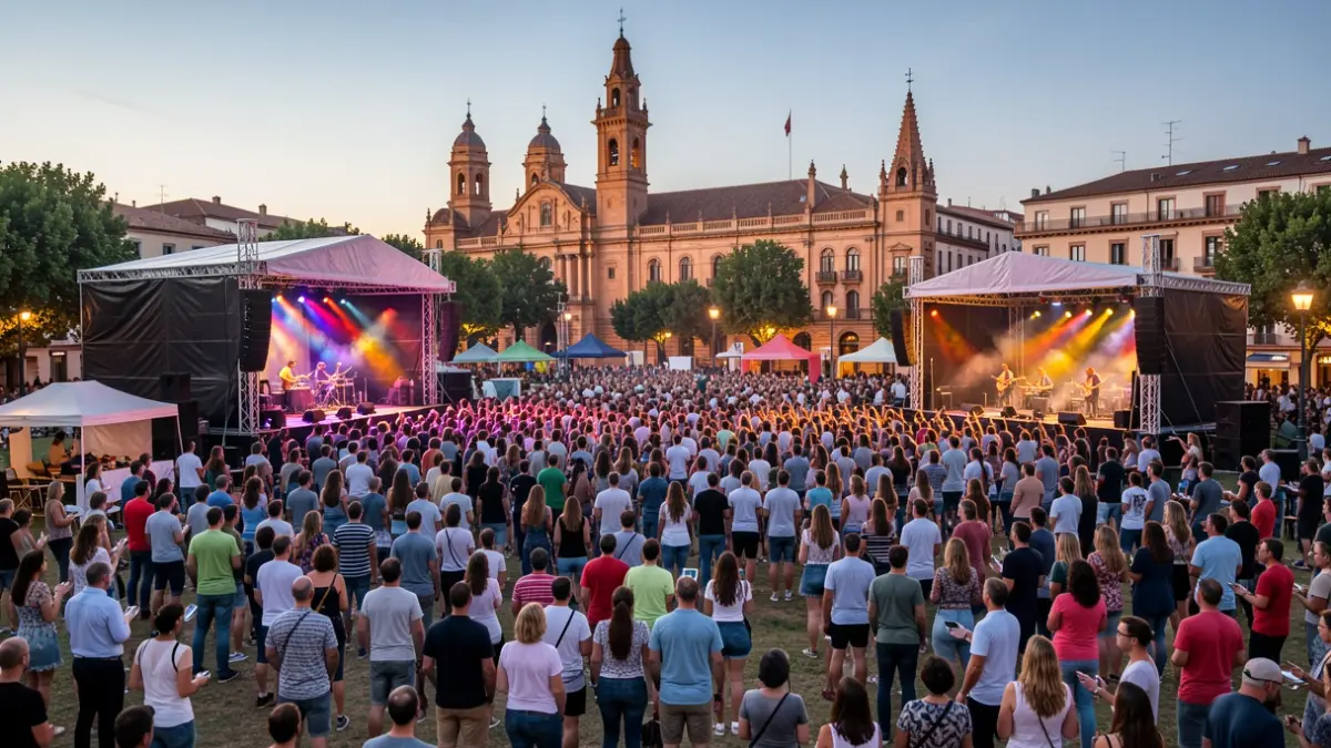 Generic image of an outdoor music festival with illuminated stages and crowd.