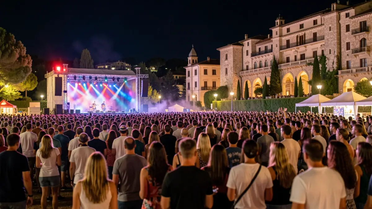 Imatge genèrica d'un festival de música a l'aire lliure a la nit, amb llums d'escenari i públic borrosos.