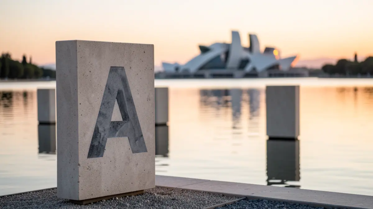 Contemporary art installation with marker stones beside a lake at sunset.