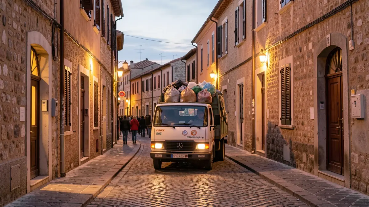 Imagen genérica de una calle estrecha y empedrada de un casco histórico con un camión de recogida de trastos.