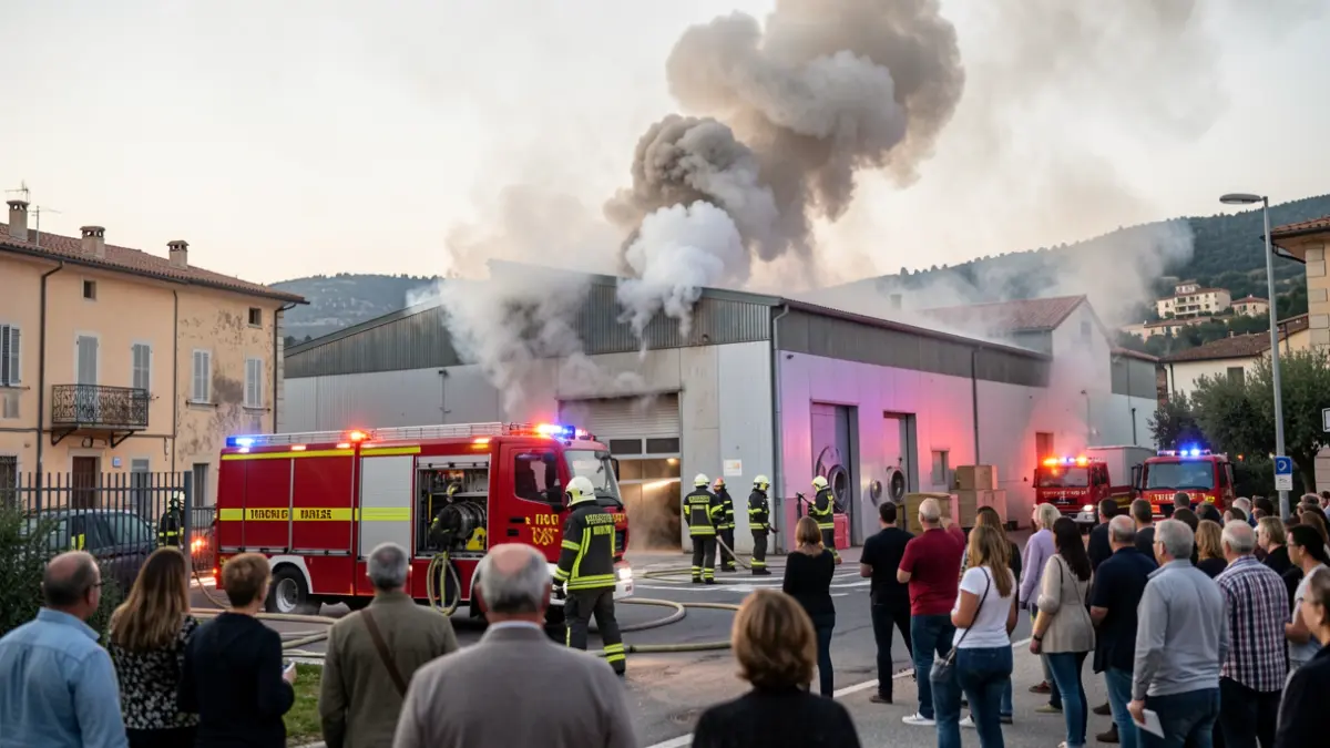 Generic image of a fire in an industrial building with firefighters working.