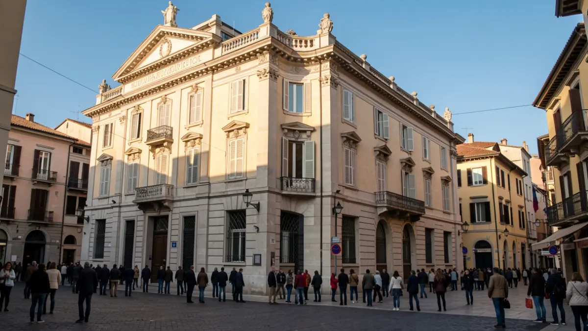 Imagen genérica de un edificio modernista en una plaza.