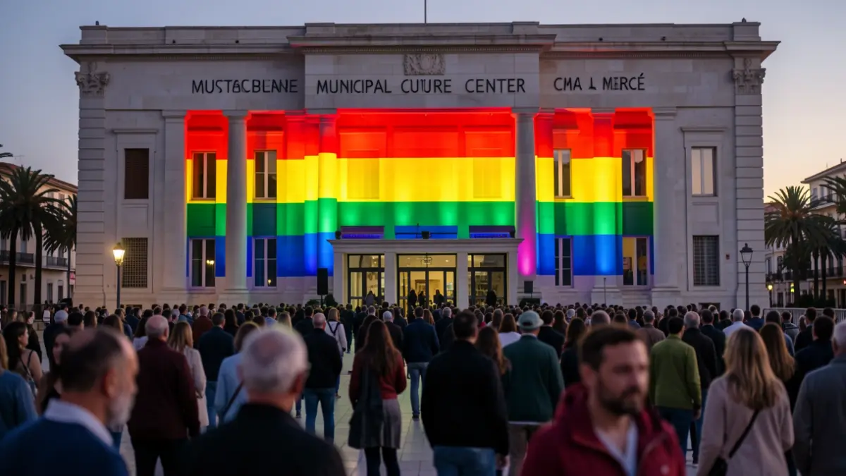 Imatge genèrica de la façana del Centre Municipal de Cultura La Mercé a Borriana il·luminada amb els colors de la bandera LGTBI.
