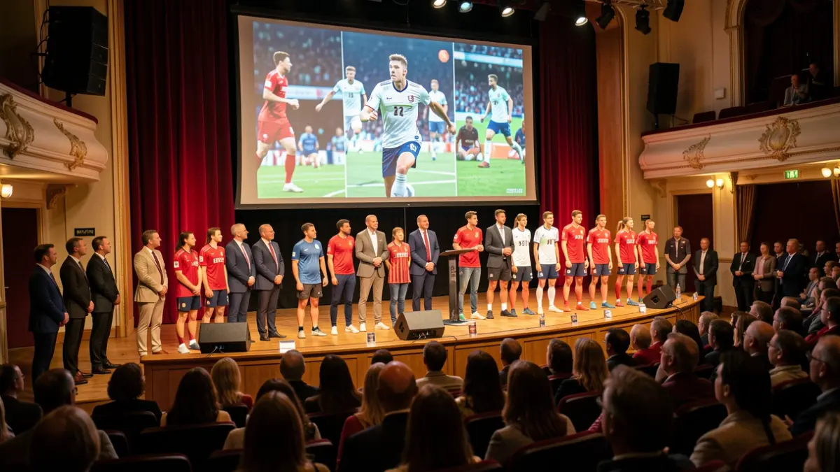 Generic image of a sports gala with attendees and a background screen.