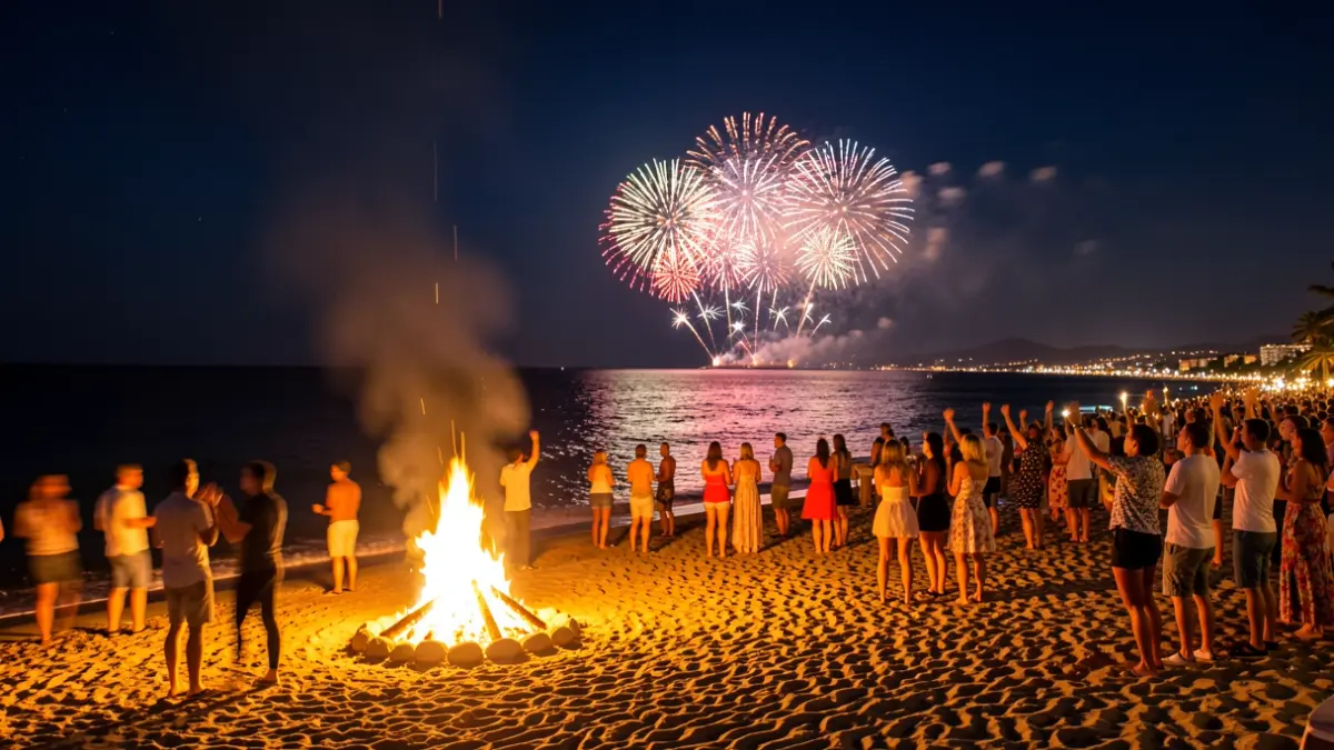 Imatge genèrica de la celebració de la Nit de Sant Joan a la platja amb focs artificials.
