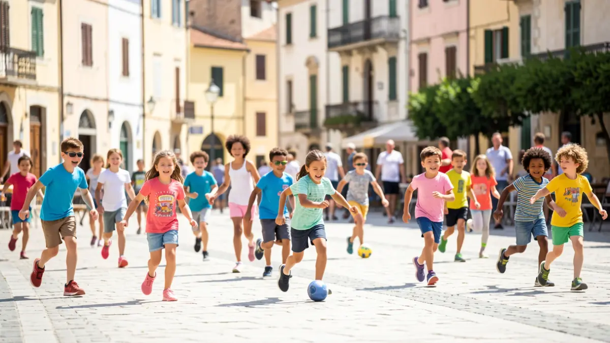 Generic image of children participating in outdoor sports activities in a Mediterranean urban setting.