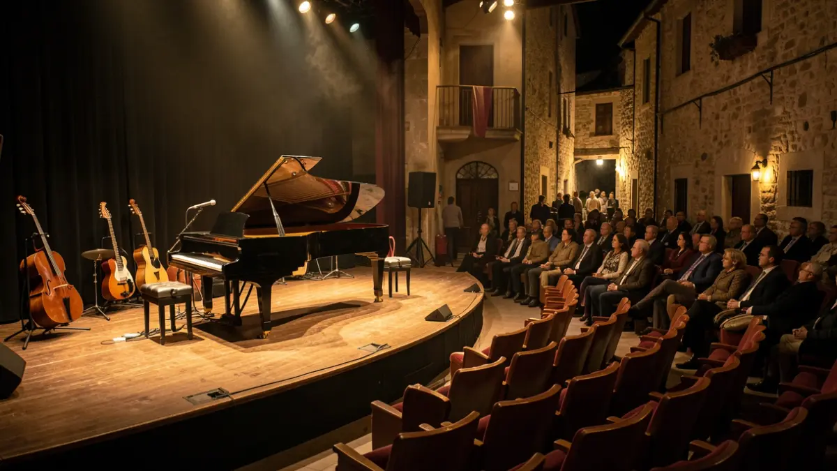 Imagen genérica de un escenario de teatro con instrumentos musicales.