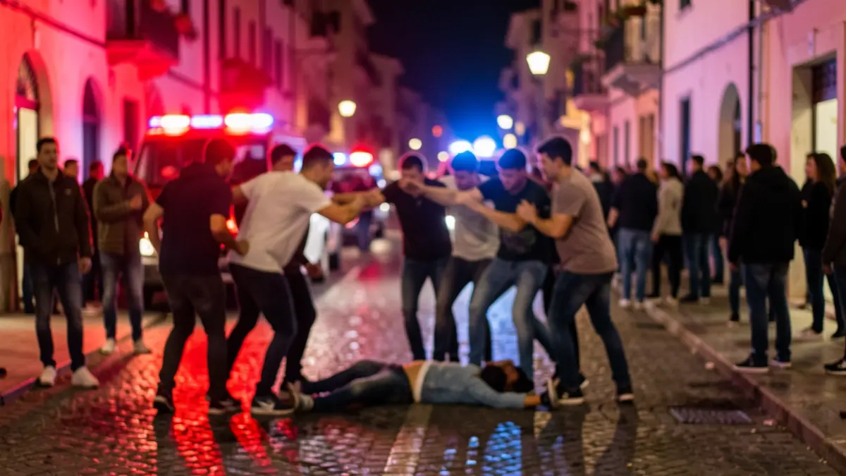 Imagen genérica de una pelea nocturna con luces de emergencia.