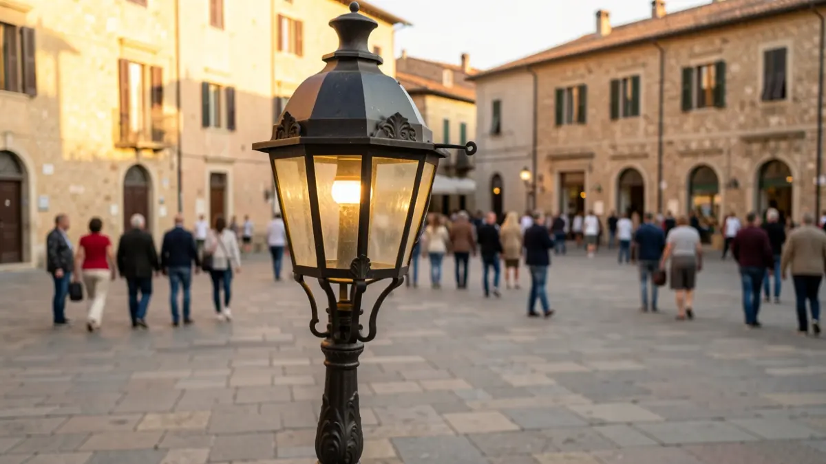 Classic ornamental street lantern with LED technology installed in a public square.