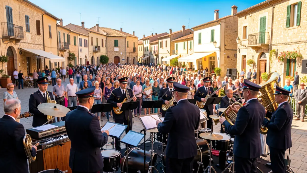 Generic image of an outdoor music band performance in a Mediterranean town square.