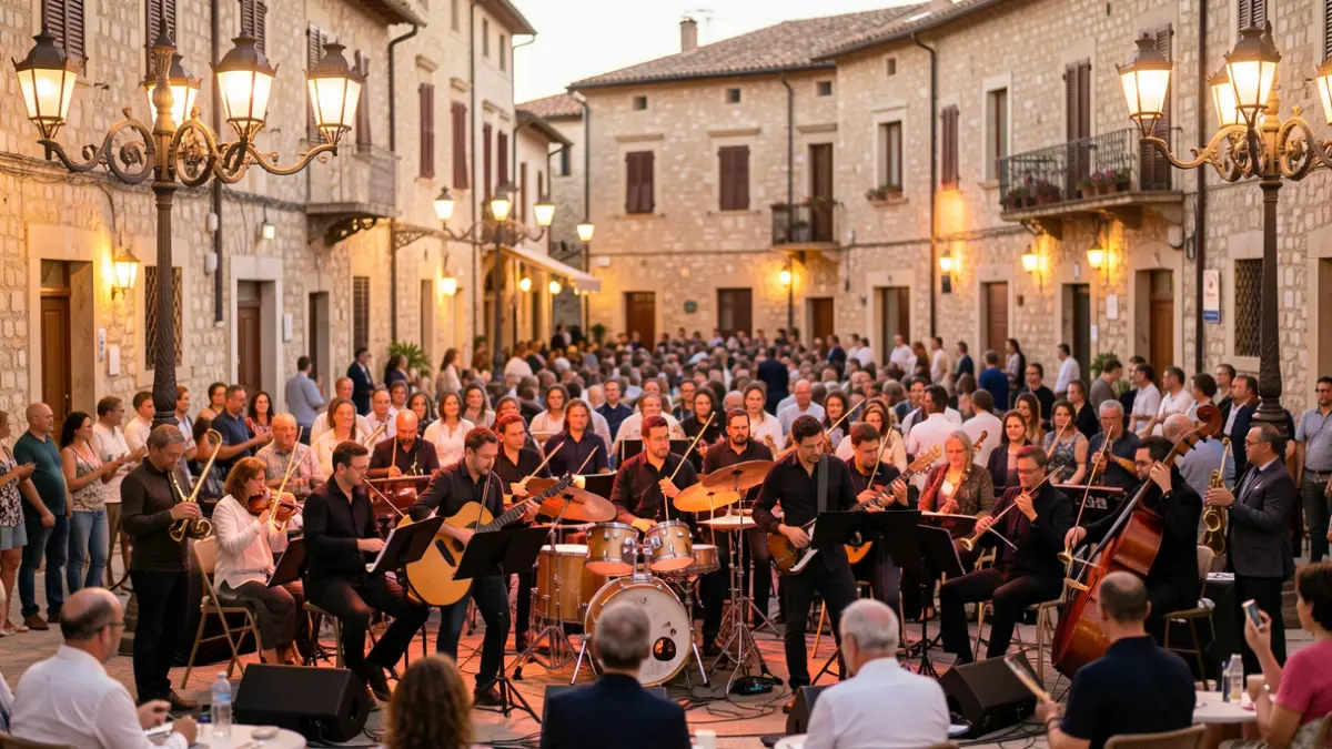 Imagen genérica de una banda de música tocando en una plaza de pueblo mediterráneo.