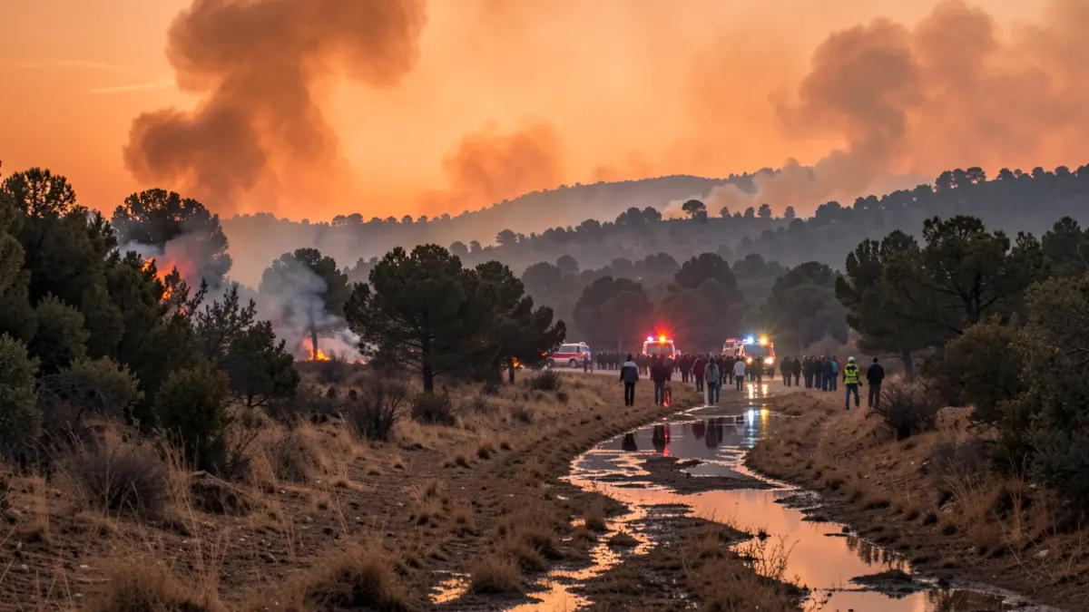 Generic image of a forest fire with smoke and emergency lights.