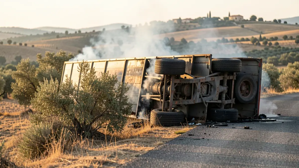 Imatge d'un camió cremat al costat d'una carretera rural a la Comunitat Valenciana.
