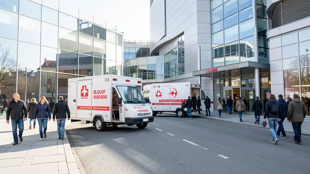 Generic image of mobile blood donation units in front of a shopping center.
