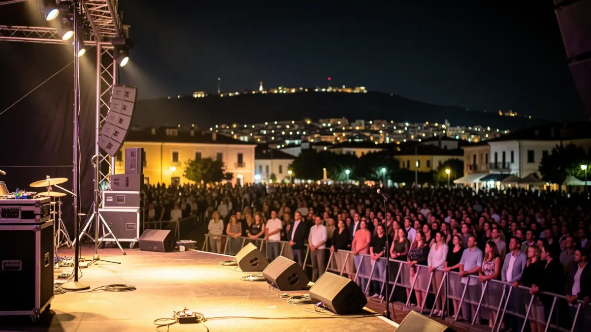 Escenario de un festival de música vacío por la noche en una ciudad mediterránea.
