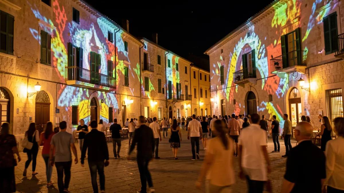 Generic image of a nighttime light show in a Mediterranean town.