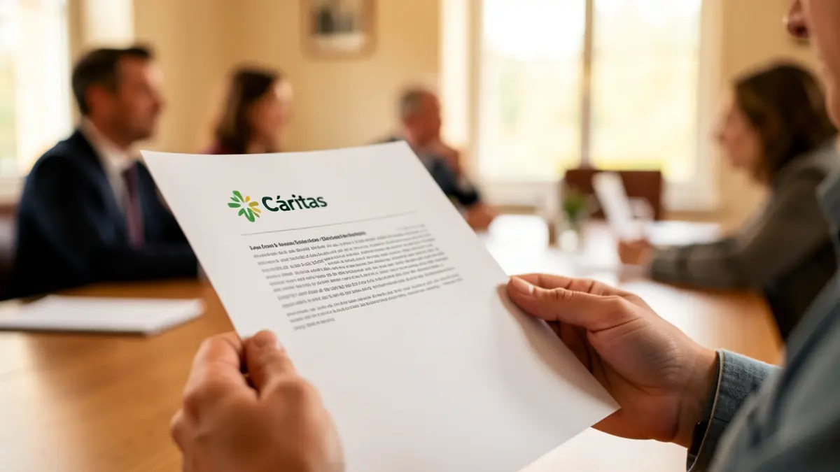 Imagen genérica de manos sosteniendo un informe anual con el logo de Cáritas.