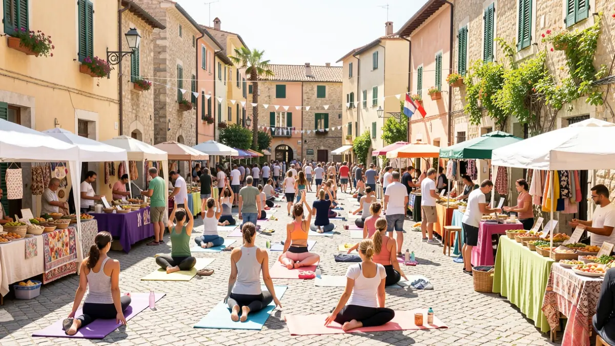 Generic image of a wellness event in a Mediterranean square.