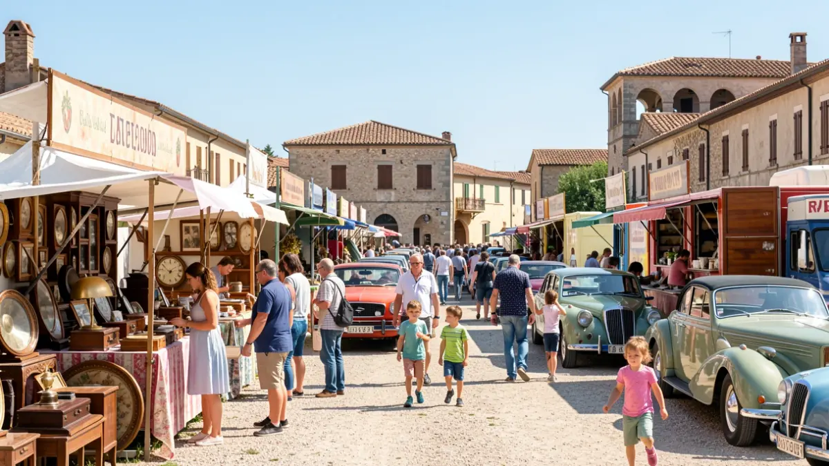 Imatge genèrica d'una fira amb antiguitats, vehicles clàssics i activitats familiars.