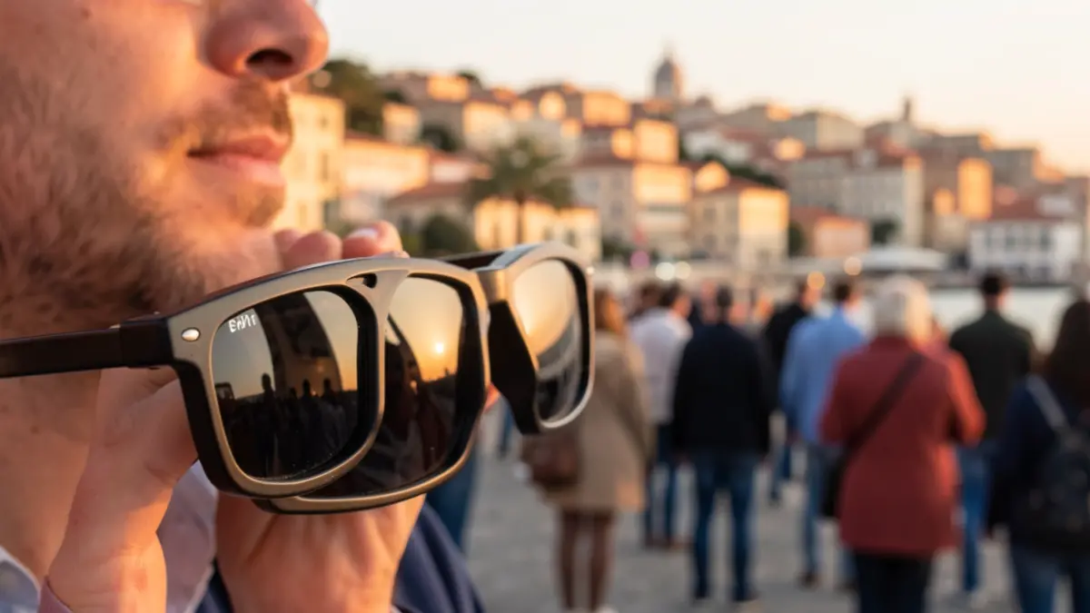 Imagen genérica de gafas especiales para ver eclipses solares con un entorno urbano mediterráneo al fondo.