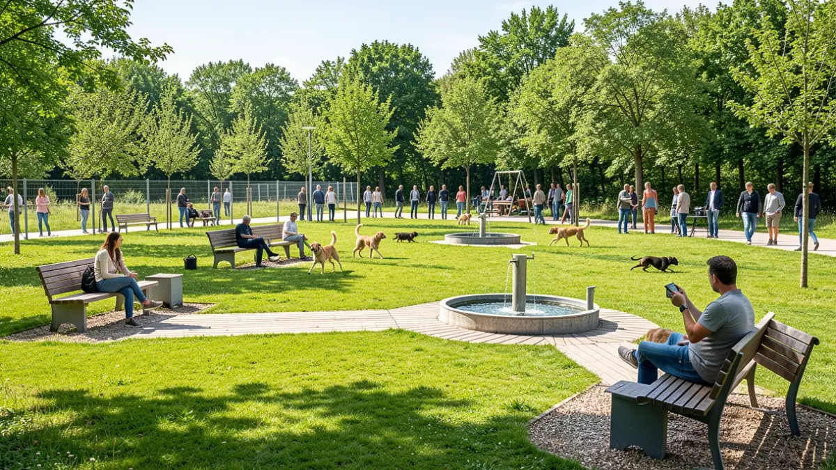 Generic image of a dog recreation area with green space, fountains, and benches.