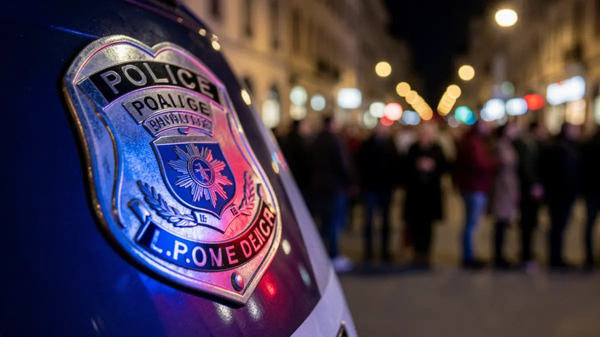 Generic image of a police badge with emergency light reflections.