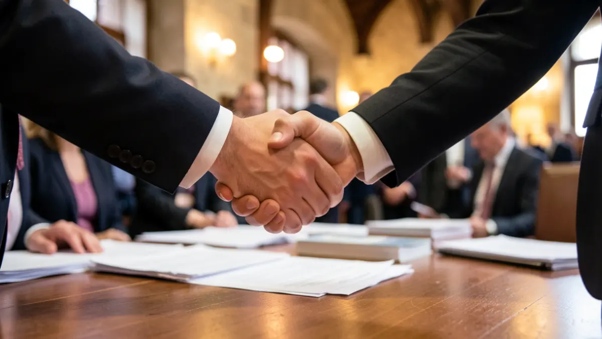 Generic image of two hands shaking over a desk with paperwork.