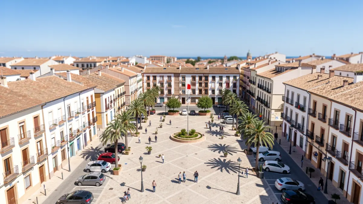 Imagen genérica de una plaza municipal con vehículos y zonas peatonales.
