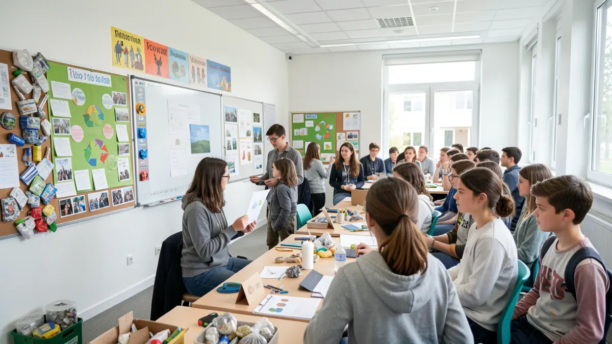 Imagen genérica de jóvenes presentando proyectos sobre gestión de residuos en un entorno educativo.