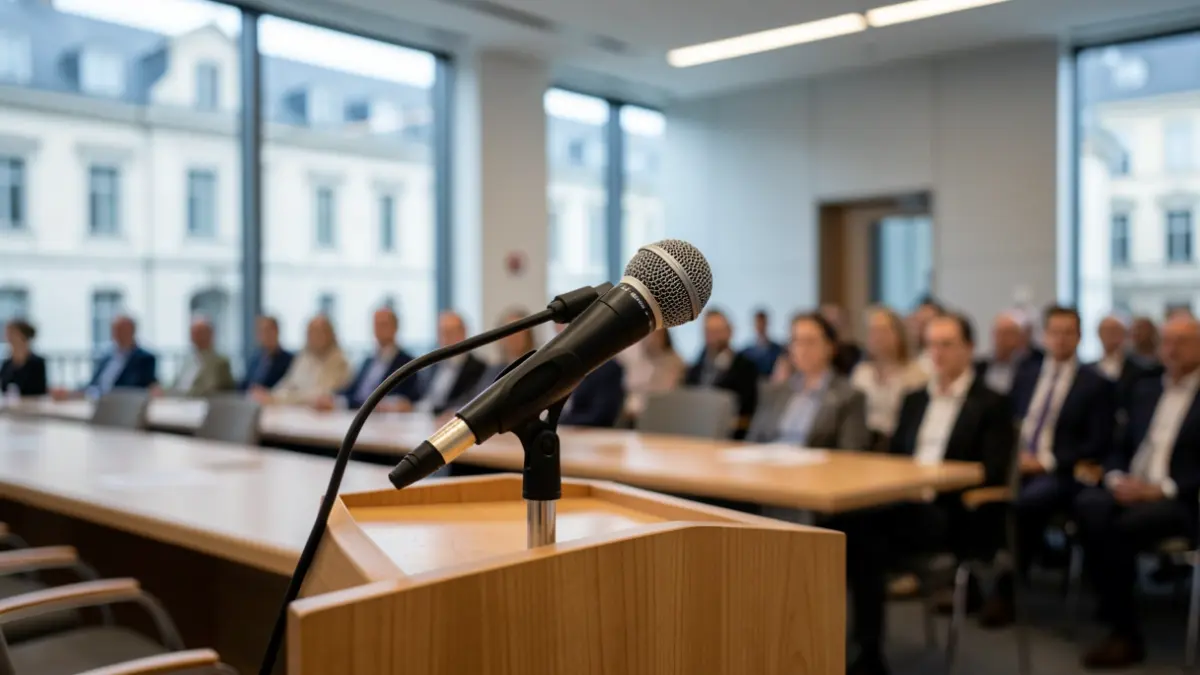 Generic image of a microphone in a conference room.