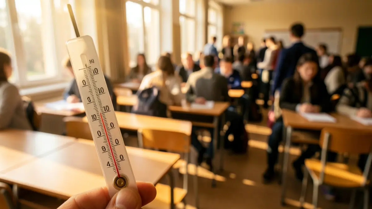 Generic image of a thermometer showing high temperature in a classroom.