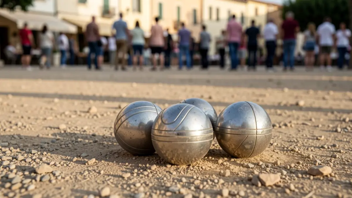 Generic image of petanque boules on the ground in a public space.