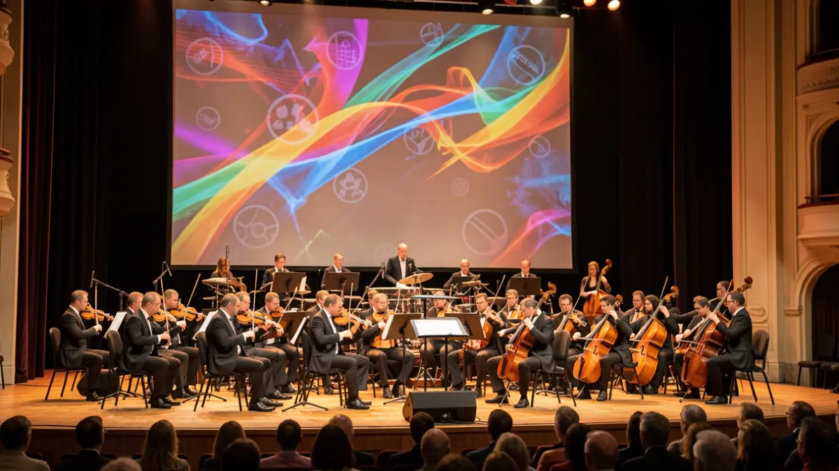 Imatge genèrica d'una orquestra simfònica tocant en un escenari amb una pantalla al darrere.