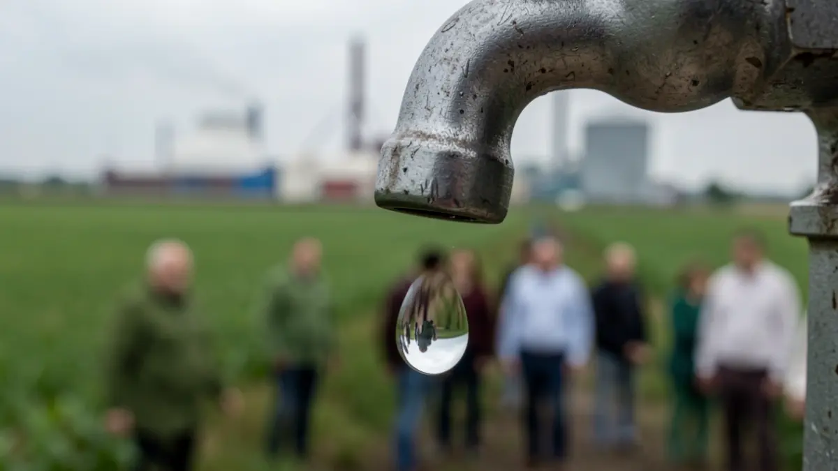 Imatge genèrica d'una gota d'aigua caent d'un aixeta, amb un fons difuminat d'agricultura industrial.