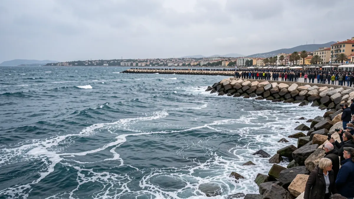 Generic image of the Mediterranean coast with a breakwater and rough sea.
