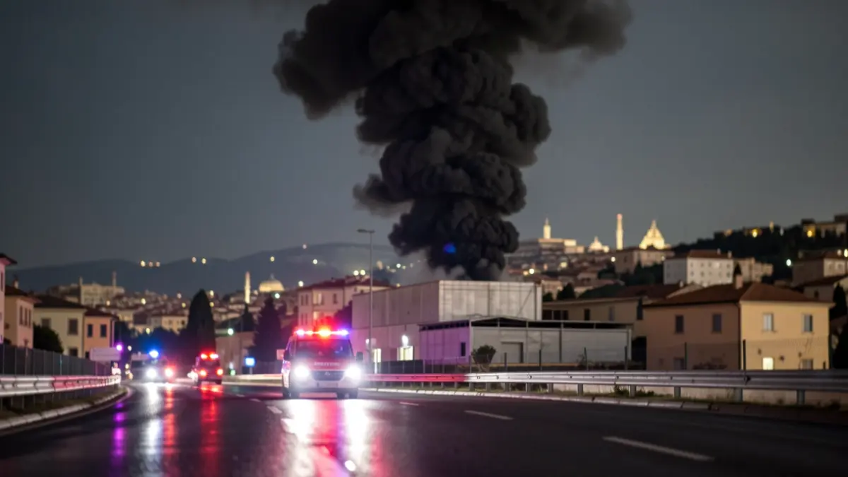 Imatge genèrica de fum negre dens provinent d'una nau industrial durant la nit, amb llums d'emergència reflectint-se en l'asfalt mullat.