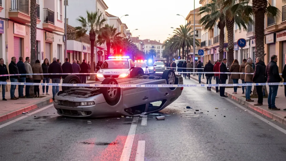 Imatge d'un cotxe bolcat en un accident de trànsit a Elda, amb llums policials al fons.