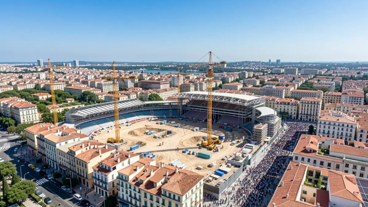 Imagen genérica de la construcción de un estadio y edificios cercanos en una zona urbana.