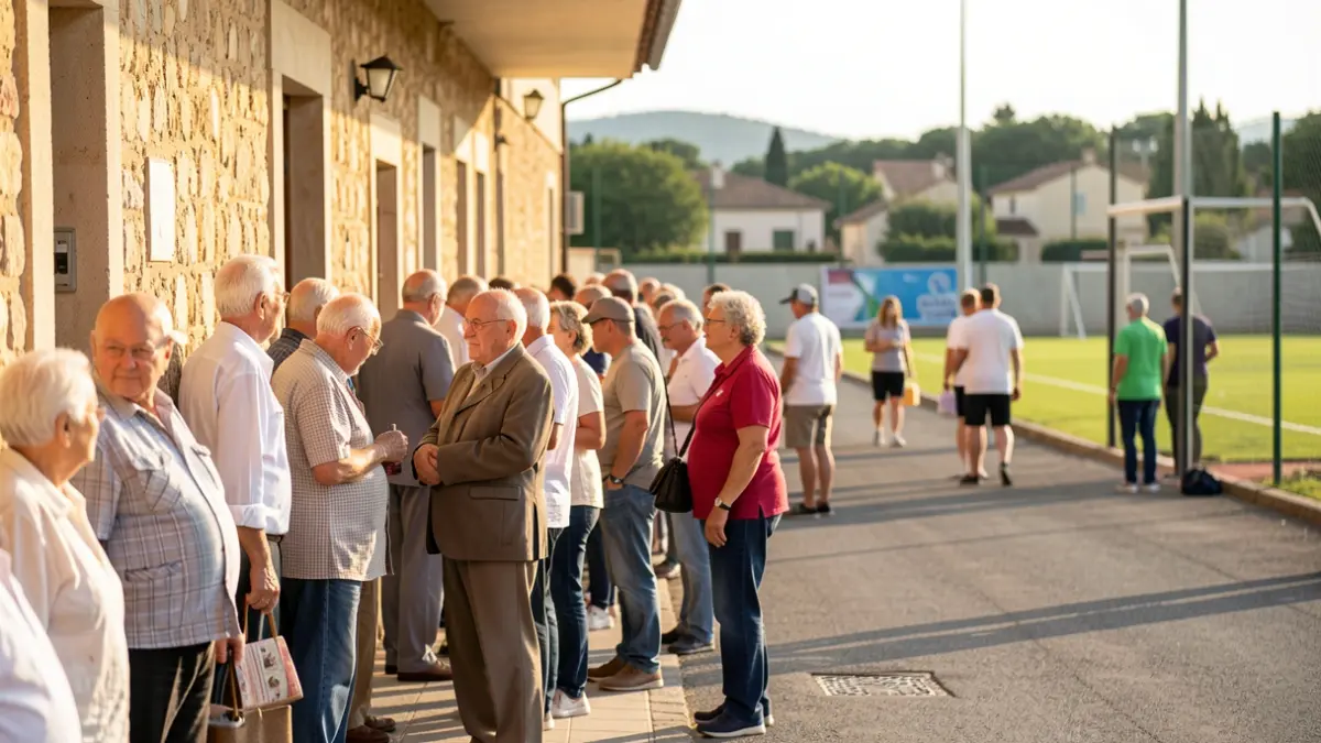 Imatge genèrica de persones majors fent cua a l'ombra d'un edifici davant d'un centre esportiu.